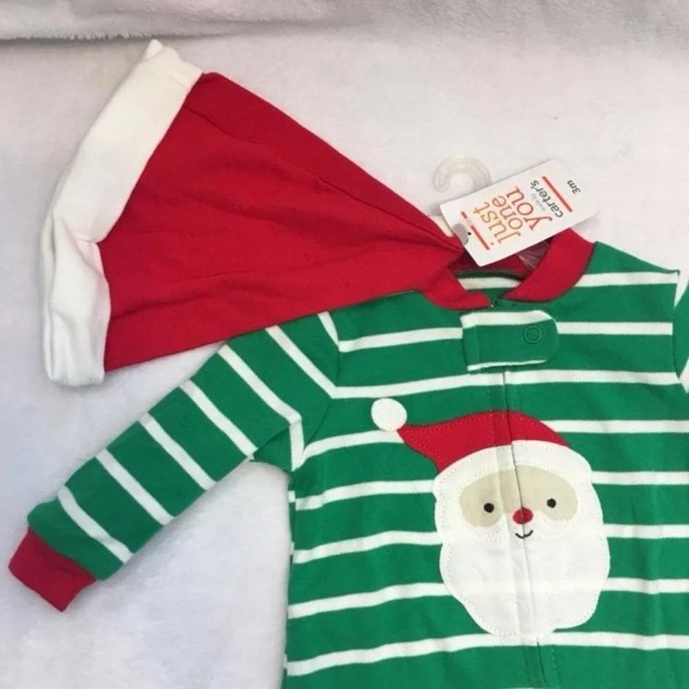 Just One You‎ Carter's Santa Sleeper Hat Baby 3M Green NWT Striped Christmas PJ